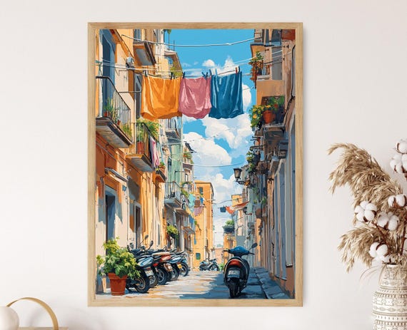 Naples Laundry Day Painting, Italian Balcony and Scooters Poster