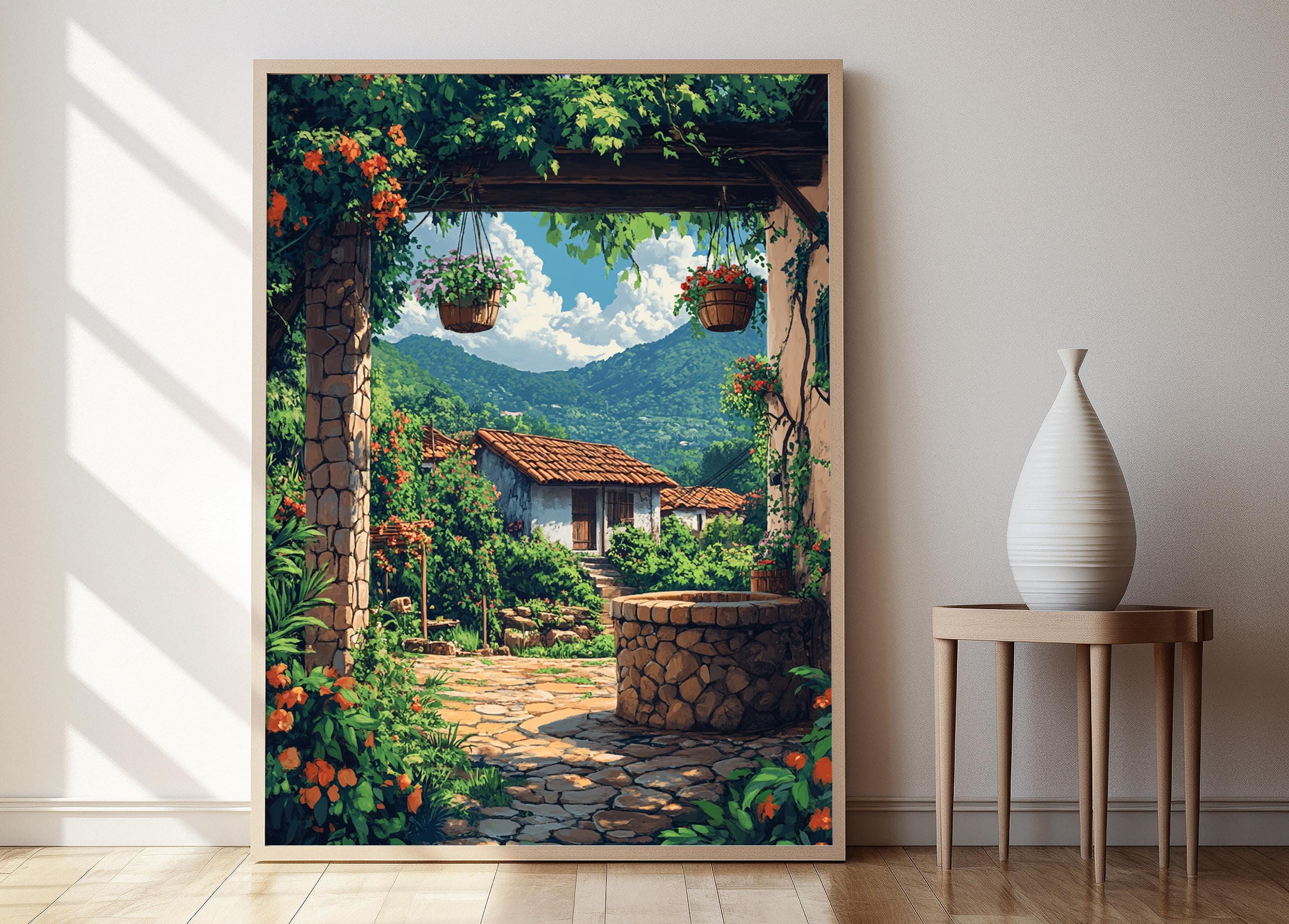 Honduras Stone Well With Flowers Art Print, Rustic Farm Decor - Etsy