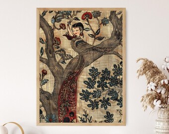 May include: A vintage-style illustration of a woman with a peacock tail, set against a background of a tree with red and blue flowers. The illustration is in a wooden frame.