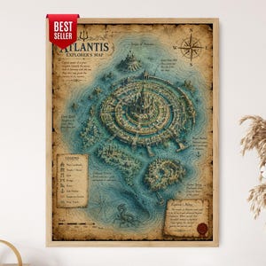 May include: A framed wall art print featuring a detailed map of Atlantis with a vintage parchment aesthetic. The map displays a central circular city, a compass rose, a legend, and explorer's notes. A red Best Seller tag is attached to the top left.