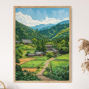 Summer Countryside in Japan with Rice Paddies – Toshi Yoshida Style Detailed Nature Art