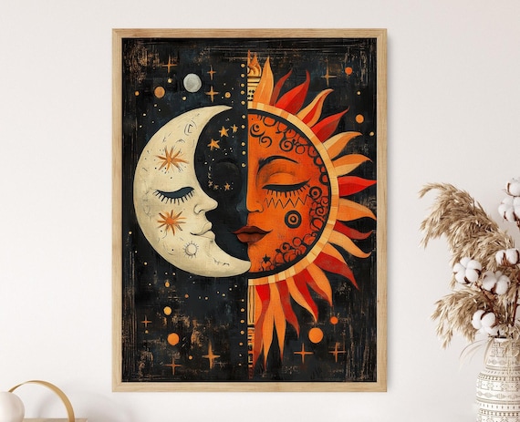 Mexican Sun and Moon Art Print: Colorful Celestial Folk Art