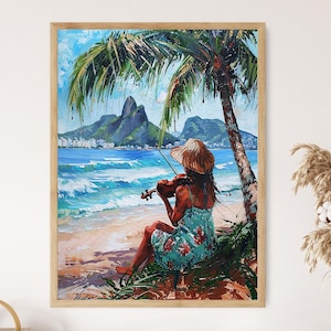 A Local Woman Playing a Violin, Ipanema Beach Illustration Print, Vibrant Wall Art, Brazilian Beachscape Decor