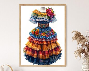 Puerto Rican Festival Clothing Illustration, Traditional Cultural Attire Art