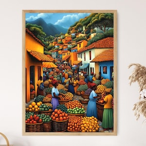 Ivory Coast Marketplace Illustration, Colorful Farm Market Painting, African Fruit Art, Wall Art for Kitchen, African Restaurant Decor