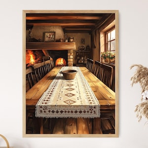 Peut inclure: Une table à manger en bois rustique avec une nappe blanche et un bol brun au centre. La table est dressée avec des chaises et se trouve devant une cheminée avec un feu crépitant. La pièce a un plafond en bois et une fenêtre donnant sur un jardin.