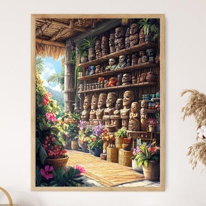 Tahitian Wooden Carvings Illustration, Tiki Statues and Masks Art Print, Polynesian Decor