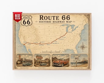 Route 66 Historic Highway Map, American Road Trip Wall Art