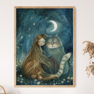 Impresión artística de niña y gato caprichosos, decoración de pared encantadora, perfecta para guardería o dormitorio, regalo de arte único