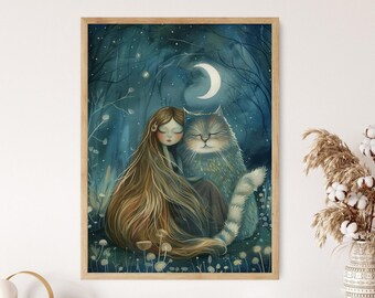 Whimsical Girl and Cat Art Print: Dreamlike Nursery Decor