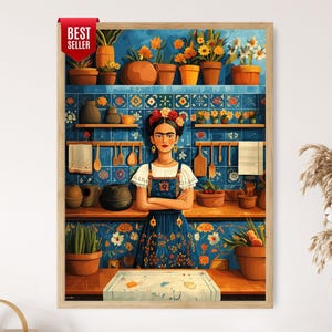 May include: A framed wall art print featuring a person with braided hair and a floral headpiece, wearing a white blouse and blue apron. The scene is set in a kitchen with blue patterned tiles, wooden shelves, potted plants, and kitchen utensils.