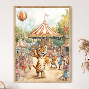 Zirkus Art Print, Tiger Maskottchen beim Karneval, Aquarell Illustration, Rummelplatzdekor, Kinderzimmer Wandbild