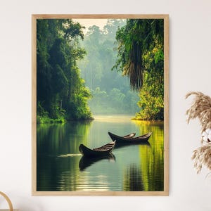 Río Kinabatangan Sabah Malasia Impresión de arte, Lanchas, Escena de la selva tropical