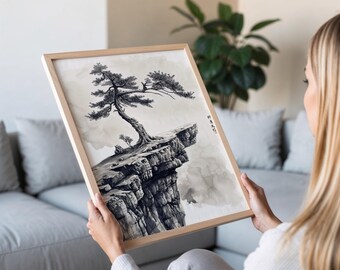 松の木の墨絵、ミニマリストの日本の水墨画 - Etsy 日本