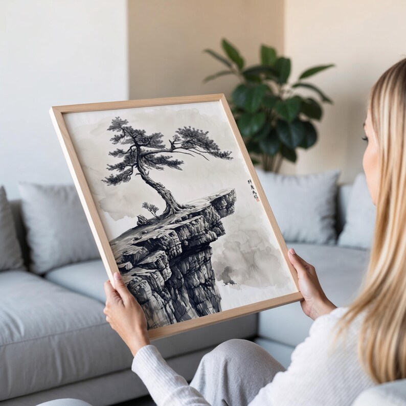 Pine Tree Sumi-e Painting, Minimalist Japanese Ink Art - Etsy