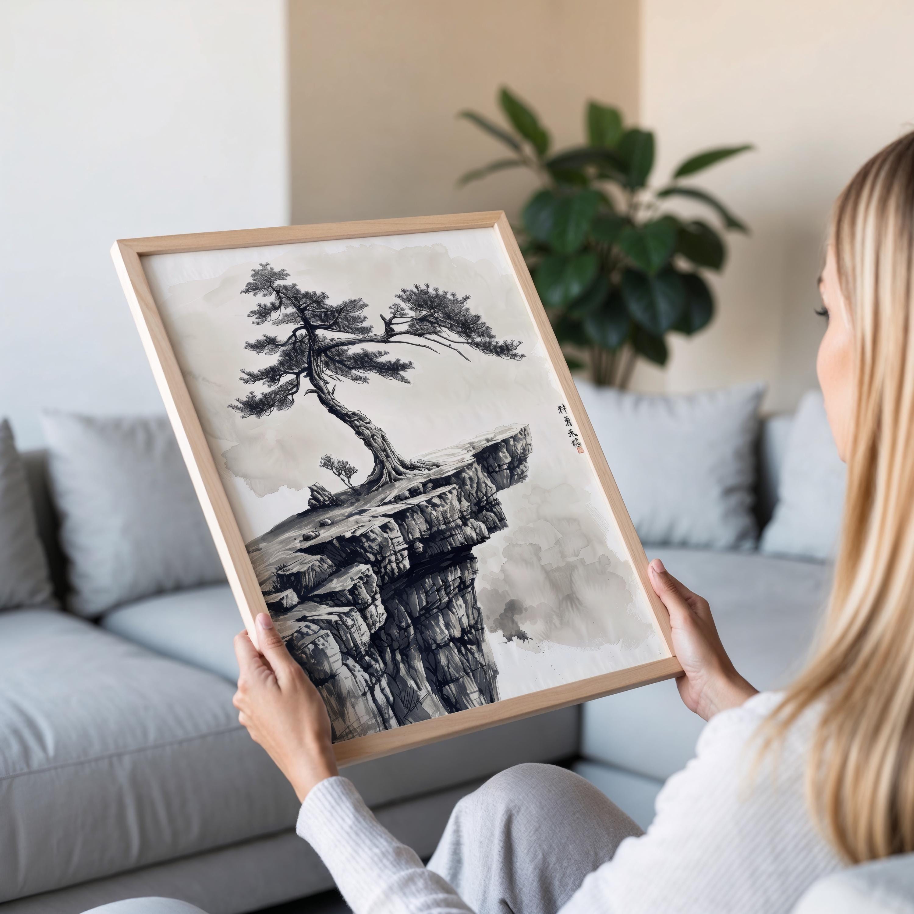 松の木の墨絵、ミニマリストの日本の水墨画 - Etsy 日本