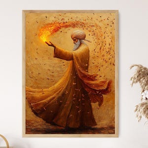 May include: A painting depicting a man in a flowing golden robe and a white turban, extending his hand towards a flame. The background features a swirling pattern of gold and orange.
