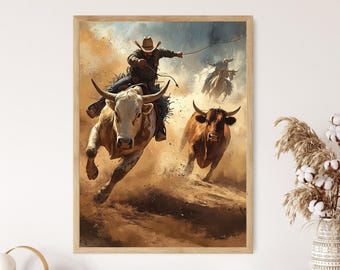 Peut inclure: Un cowboy chevauchant un taureau blanc, suivi d'un taureau brun. Le cowboy porte un chapeau brun, un jean bleu et un gilet brun. La scène se déroule sur un fond brun et poussiéreux.