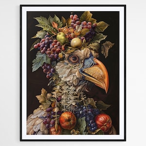 Impresión de arte caprichosa estilo Arcimboldo, composición de comida surrealista, acento de arte casero, regalo de coleccionista ecléctico