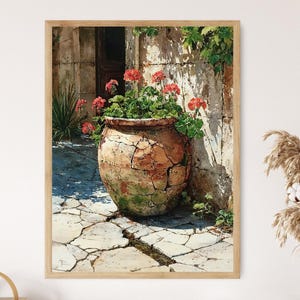 Akvarellkonsttryck i toskansk villa: Pelargoner och basilika på kullerstensgård
