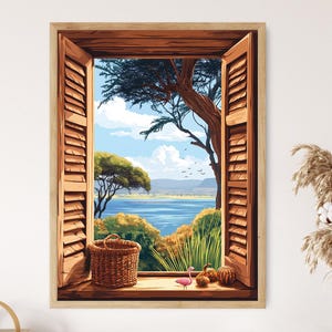 May include: A wooden window with open shutters reveals a view of a lake and trees. The lake is blue and the trees are green. There is a wicker basket and some gourds on the windowsill.