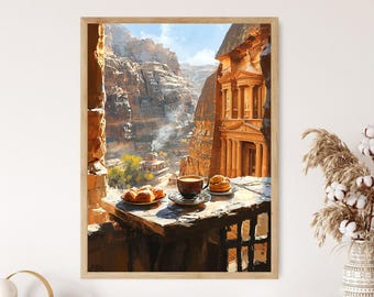 May include: A painting of a window view with a cup of coffee and pastries on a stone ledge. The view shows a stone building with a carved facade and a rocky landscape.