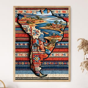 May include: A framed artwork featuring a South American continent outline filled with a detailed landscape scene. The artwork is set against a backdrop of a woven textile with red, blue, and cream patterns. The word "CRUZ" is visible.