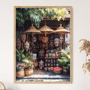 Balinese souvenirwinkelkunstdruk, houten maskerdecorposter, batiktextielillustratie