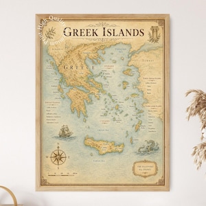 May include: A framed vintage-style map of the Greek Islands with a beige parchment background, featuring detailed topography, a compass rose, a sailing ship illustration, and the text "GREEK ISLANDS" and "THE SEA UNITES ALL THINGS."