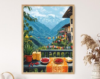 Peinture de panier de balcon de Gangtok, affiche de piment de bambou, impression d'art du marché de montagne du Sikkim