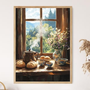Serbische Frühstücksszene Illustration, rustikaler Küchentisch Kunstdruck