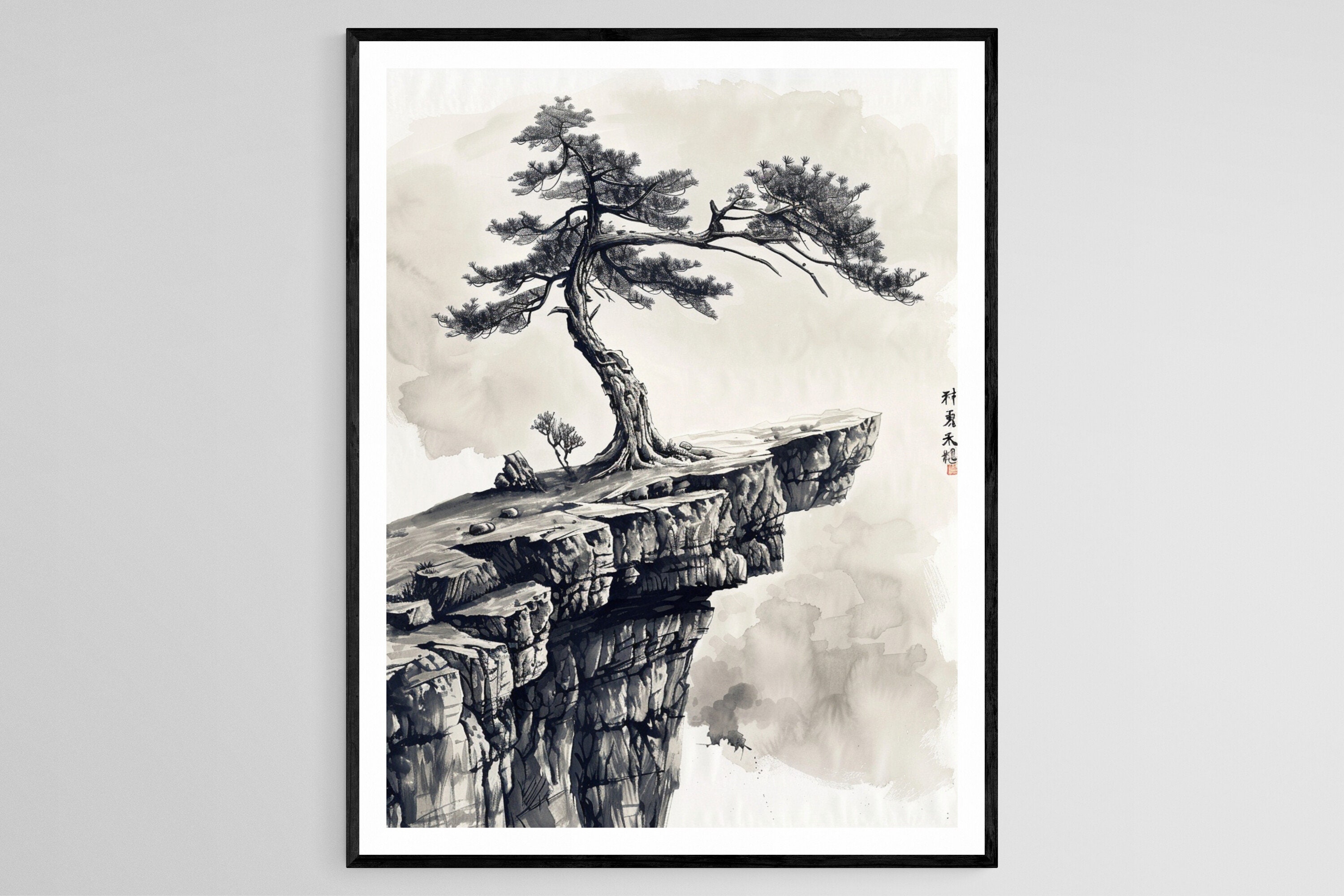 松の木の墨絵、ミニマリストの日本の水墨画 - Etsy 日本