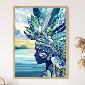 May include: A digital illustration of a woman's face with a blue and green headdress made of feathers and flowers. The background is a blue and white seascape.