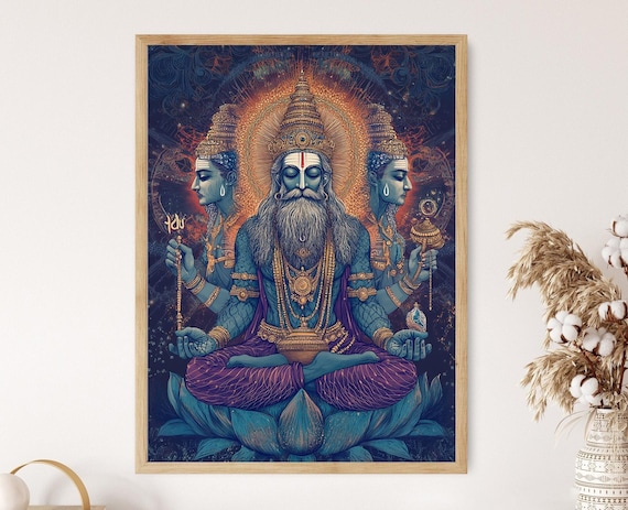 ヒンドゥー教の神ブラフマーのアートプリント、宇宙の創造神、四頭神