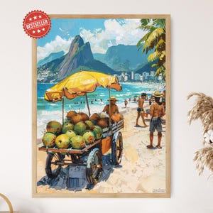 Coconut Vendors on Ipanema Beach, Vibrant Wall Art, Brazilian Beachscape Decor,