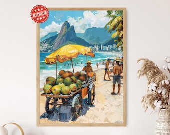 Coconut Vendors on Ipanema Beach, Vibrant Wall Art, Brazilian Beachscape Decor,