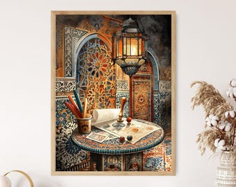 May include: A framed watercolor print depicts an ornate interior scene. A round table with a mosaic top holds art supplies, stamps, and a rolled paper. A lit lantern hangs above, and intricate archways and doors are in the background. The color palette includes warm oranges, blues, and browns.