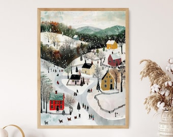 Whimsical Village Winter Scene - Grandma Moses Inspired Print