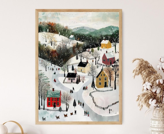 Whimsical Village Winter Scene - Grandma Moses Inspired