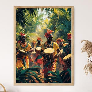 May include: A group of people in colourful clothing and headdresses play drums in a lush green jungle setting.