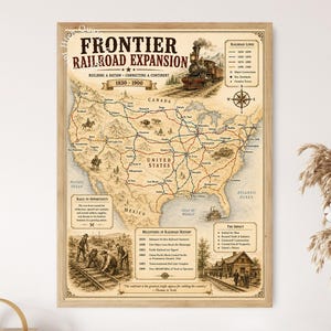 May include: A framed historical map titled Frontier Railroad Expansion 1830-1900, featuring a vintage-style illustration of a steam locomotive, a map of the United States with rail lines, and text boxes detailing milestones and the impact of railroads.