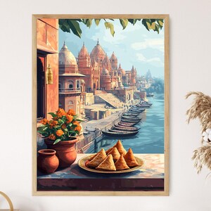 May include: A painting of a view from a window overlooking a river in India. The river is lined with boats and the buildings on the other side of the river are decorated with intricate details. There are samosas on a plate in the foreground.