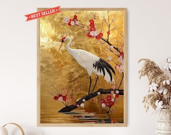 May include: A framed artwork featuring a white crane with black wingtips and a red crown, perched on a branch. The background is a textured gold with red and white floral accents. The artwork is labeled "BEST SELLER".