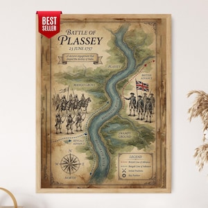Peut inclure: Une impression de carte historique encadrée intitulée Battle of Plassey 23 June 1757, présentant une illustration de style vintage de la rivière Bhagirathi, des mouvements de troupes, une rose des vents et une légende. Étiquette Best Seller rouge.