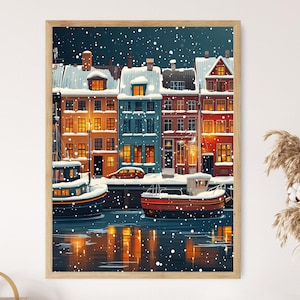 Stampa artistica invernale di Copenhagen, decorazione di Nyhavn innevata, arte murale del paesaggio urbano scandinavo