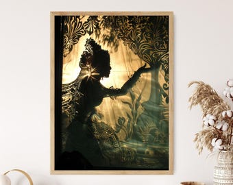 May include: A silhouette of a person in a dress reaching out towards a tree with intricate foliage. The image is in a wooden frame and has a warm, golden background.