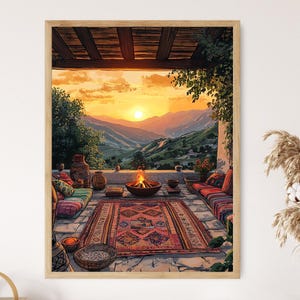 May include: A painting depicting a patio with a fire pit and colourful cushions. The patio is surrounded by lush greenery and mountains in the distance. The sun is setting in the background, casting a warm glow over the scene.