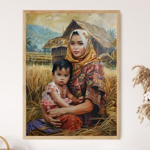 Impresión artística de madre indonesia en kebaya y niño, decoración de pared con vestido tradicional, acento cultural para el hogar, regalo único para el Día de la Madre
