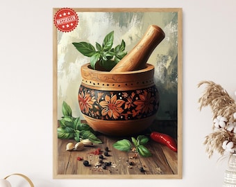 Puerto Rican Pilón with Floral Designs Art Print, Traditional Kitchen Decor Poster