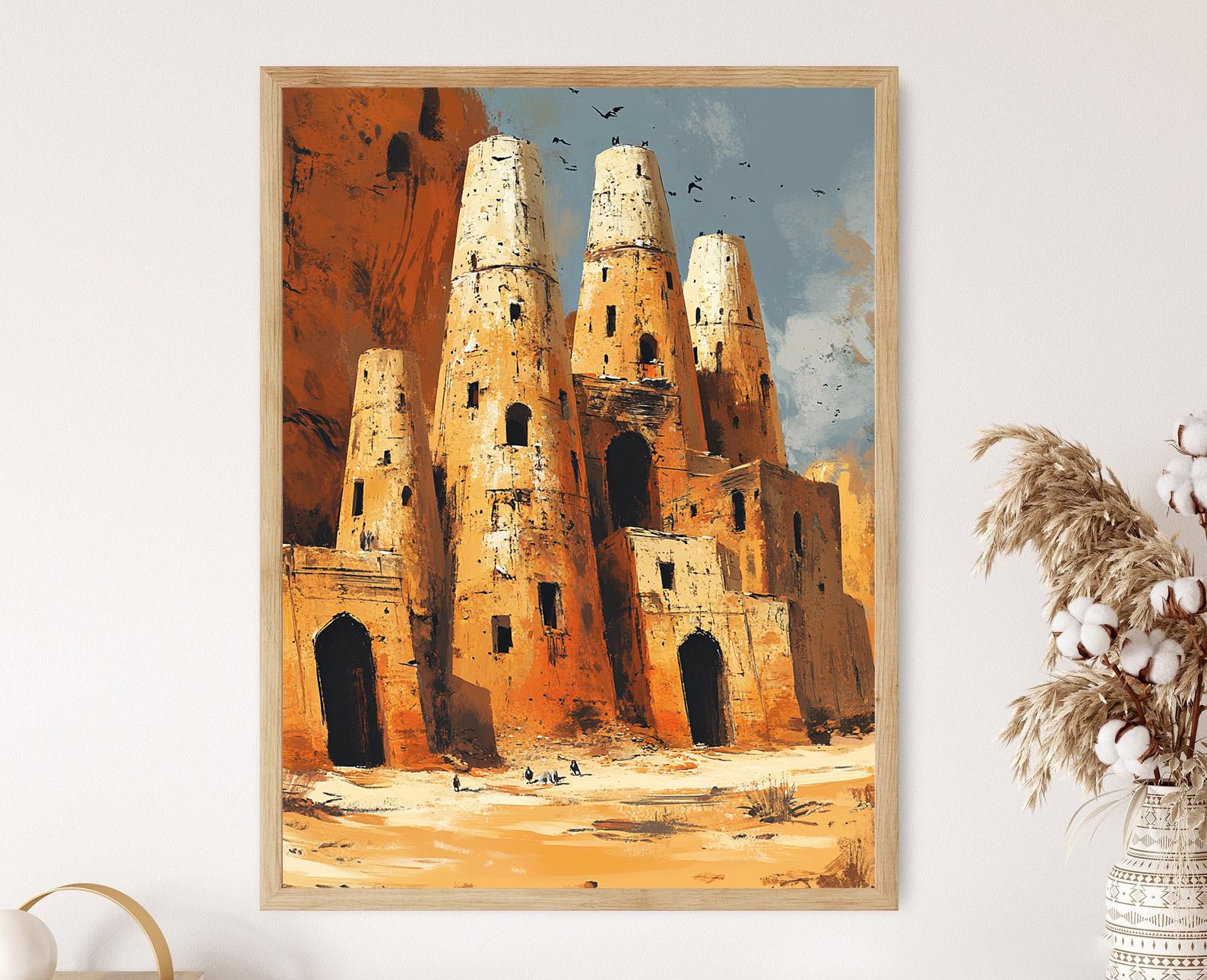 Syrian Dovecotes Art Print, Raqqa Architecture Poster, Middle Eastern Heritage Decor, Traditional Syria, Cultural Scene, Earthy Tones